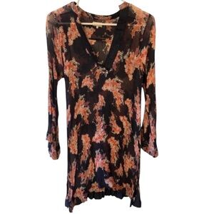 By TiMo Sheer Dark Floral V Neck Tunic Mini Dress Beach Cover-Up Boho Chic Small